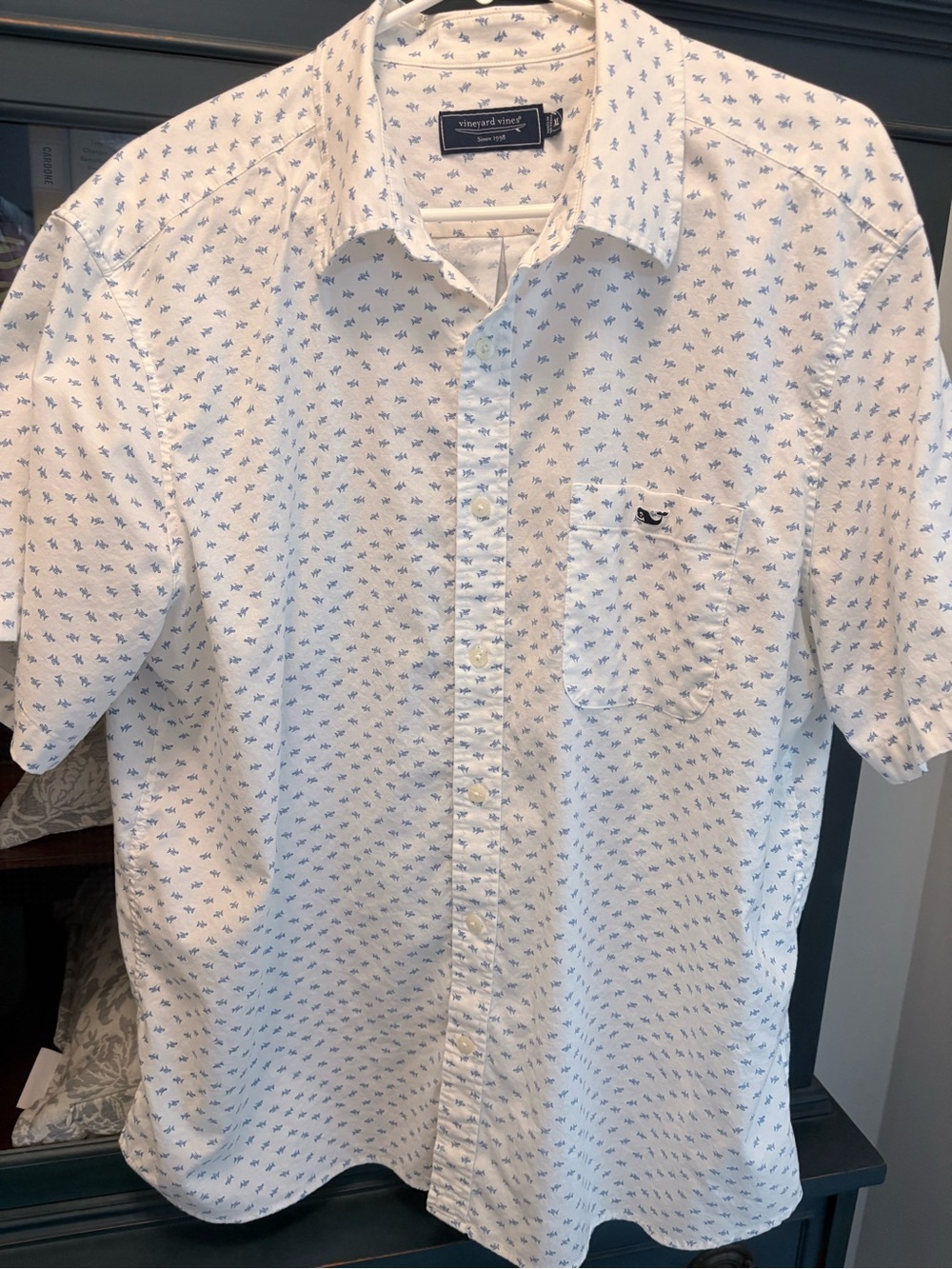 Vineyard Vines White Short-Sleeve Button-Down with Blue Micro Print